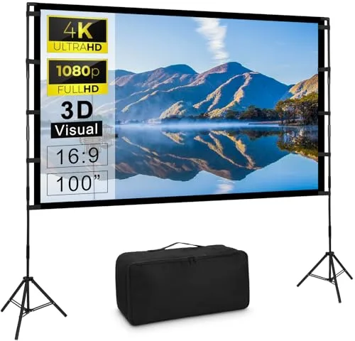 Pantalla Proyector Portátilcon con Tripode 100 Pulgadas, 16:9 4K Full HD Pantalla de Proyección para Cine Casa Camping Eventos Recreativos