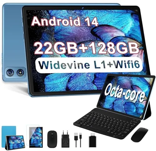 Dghrti Tablet Android 14 10 Pulgadas, 22GB RAM + 128GB ROM (TF 1TB), Octa-Core, 2.0GHz, Widevine L1, 8000mAh, Dual WiFi, 5MP+8MP, Carcasa MetÃlica, Tablet 2 en 1 con Teclado y Ratón-Azul
