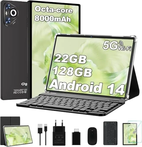Dghrti Tablet 10 Pulgadas Android 14, 22GB RAM+128GB ROM (1TB TF), CPU Octa-Core, 8000mAh, Widevine L1, Dual WiFi, BT 5.0, Face ID, 5MP+8MP, con Carcasa MetÃlica, Teclado y Ratón-Negro