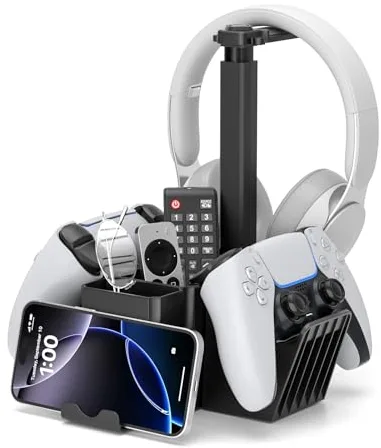 KDD Soporte Mando PS5 con Soporte Auriculares Gaming, Universal Soporte Cascos y Mando, Multifuncional Organizador Gaming Mesa para Xbox One PS4 Nintendo Teléfono Switch Accesorios Juegos PC, Negro