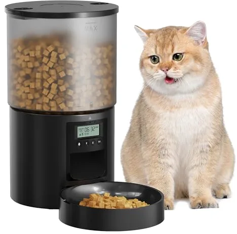 Comedero Gato Automatico Dispensador Comida: Pet Food Feeder con Temporizador Programable - 1-6 Comidas al DíA - Comedero con Presione la Tapa y Función de Grabación 10s - 4L Negro
