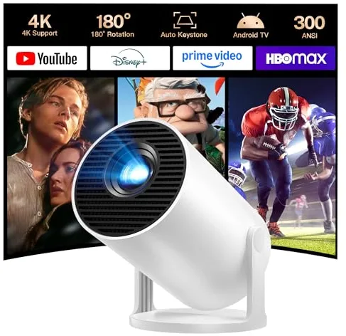 [Auto Keystone] Proyector Inteligente con Wi-Fi 6 Bluetooth 5.4, 1080P 4K Soporte, Android 14, Apps Integradas, Mini Proyector Portatil Compatible con HDMI/iOS/Android/US LYNCAST HY300 Pro