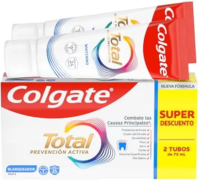 Colgate Total Prevención Activa Blanqueador Pasta de Dientes 2x75ml | Combate las causas principales* de los problemas de salud bucodental | 24h de Protección antibacteriana¹ | Clínicamente Probado