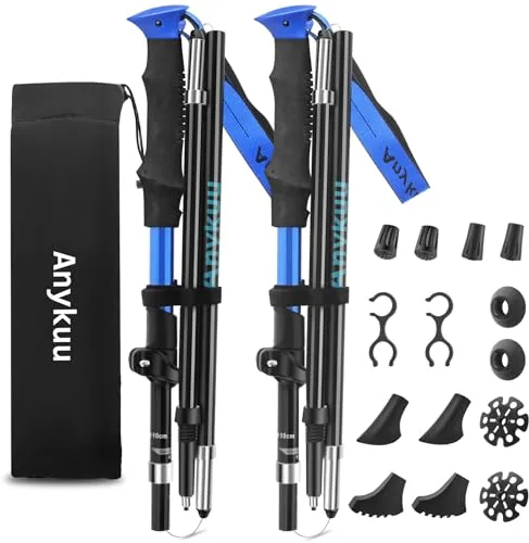 Anykuu Bastones de Senderismo Bastones Trekking Plegables de Aluminio 7075 Antichoque 2pcs Ajustar la Longitud 110-130CM con Ligeros y Plegables para Alpinismo, Trekking para Hombres y Mujere