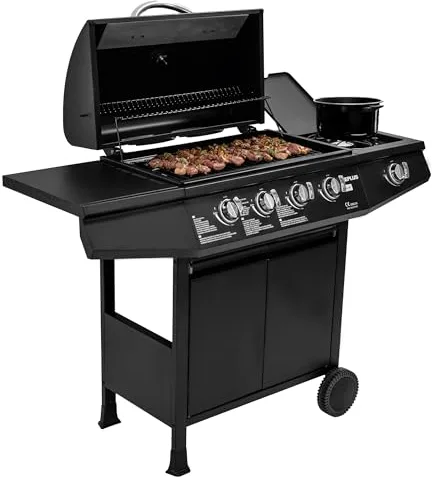 Amig - Barbacoa de gas Fireplus 4+1 de 9,3 kW - Acero inoxidable Negro - Parrilla con ruedas Modelo GRILL-4F - Barbacoa XXL con carro y termómetro - 126x52x103 cm - 5 quemadores y Bandeja lateral