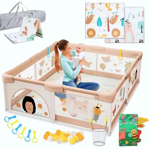 BELLEBEBE - Parque Infantil Bebe - 120x120cm - Corralito bebe con Alfombra Acolchada Plegable + 50 Bolas + Canasta de Juego + Libro Bebe Sensorial de Tela y 6 Agarraderas - Diseño animales del bosque