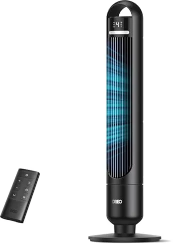 Dreo Ventilador de Torre Silencioso 23dB, Alcance de 9.8 m, 4 Niveles de Velocidad, 3 Modos de Funcionamiento, Temporizador de 8 Horas, Oscilación de 90°, Ideal para Dormitorios y Oficinas, Negro