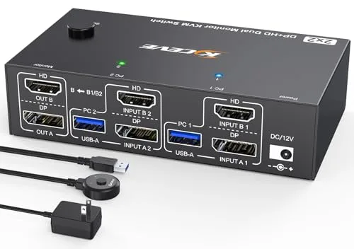 4K@144Hz HDMI+Displayport KVM Switch 2 PC 2 Monitor 8K@60Hz, MLEEDA USB 3.0 Dual Monitor KVM Switch con 4 puertos USB 3.0 para impresora de teclado y ratón,fuente de alimentación de 12V y cable USB