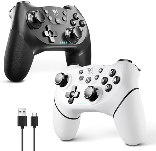 AceGamer 2pcs Mando inalámbrico para Switch 2/Switch/Lite/OLED, Mando para Switch Pro con función de despertador con un botón/vibración/turbo/pantalla(Blanco y Negro)