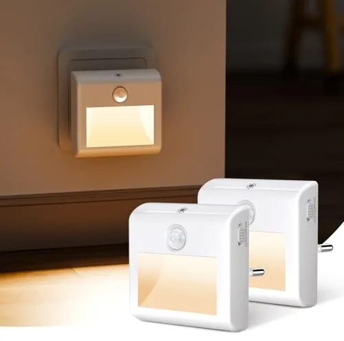 [2 Piezas]Luz Nocturna Infantil con Sensores de Movimiento y Crepusculares, Blanco Cálido, Brillo Ajustable, Modos AUTO/ON/OFF, Luces LED Nocturnas con Enchufe para Pasillo, Escaleras y Dormitorio