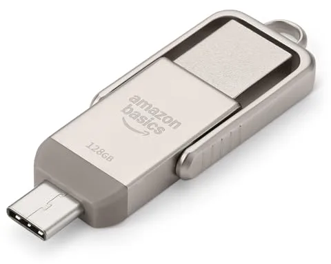 Amazon Basics Memoria USB, Memoria Portátil con Puertos USB C y USB A Duales, 128GB, Color Champán Plateado