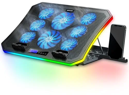 MOOJAY C50 Gaming Base Refrigeradora Portatil, 10 Modos Luces RGB Soporte Refrigeración Portátiles, 8 Alturas Ajustables con 8 Ventiladores y Soporte Teléfono per 15,6-17,3
