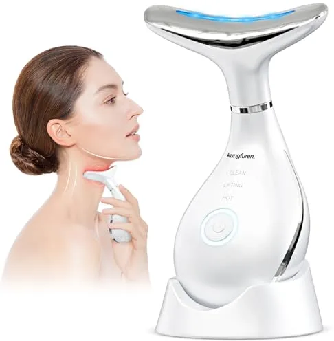 Masajeador Facial Antiarrugas Masaje Eléctrico: Masajeador para Cara y Cuello Reductor de Papada Rejuvenecedor Facial con Lifting Calor Luz LED y EMS para Mejorar las Líneas del Cuello 42°C