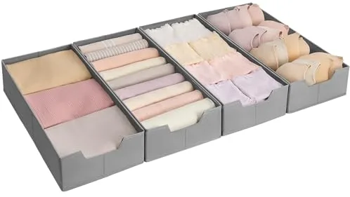 SONGMICS Juego de 4 Organizadores para Cajones de Ropa Interior, para Cómodas PAX de IKEA, Sin Divisores, Plegables, Armario, 50 x 22 x 10 cm, para Calcetines, Gris Paloma RUS013G01