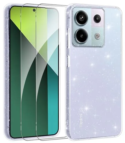 Votvloay Funda para Xiaomi Redmi Note 13 Pro 5G/Poco X6 5G 6.67''con 2 Piezas Cristal Templado,Glitter Niñas y Mujeres Brillante Carcasa,Suave TPU Antigolpes Protección Cover Bumper Case, Transparente