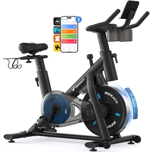 MERACH Bicicleta Estática en Casa, Bicicleta Spinning con Monitor LED, Transmisión Silenciosa por Cinturón y Cómodo Cojín de Asiento, App Propia, Capacidad de 136 kg, Entrenamiento Aeróbico