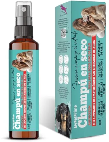 MyPetPrime Champú Seco en Gel para Perros | SIN Aclarado | Antiolor | Dermatológico | Higienizante, Antipicor | con Aceite de Semillas de Neem | Apto para Todas Las Razas | Sin Parabenos ni SIL