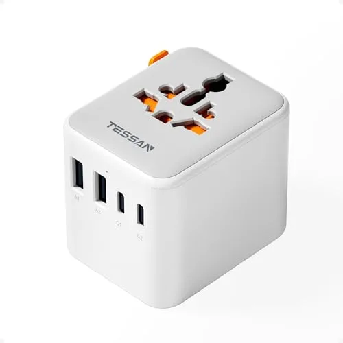 TESSAN Adaptador Enchufe Universal con 2 USB C 15 W, Adaptador de Viaje con 4 USB, Cargador Universal para UK Americano Japón Brasil Australia España Argentina Tailandia