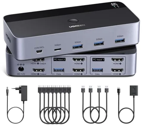 UGREEN Switch KVM HDMI 2.0 2 Entradas 2 Salidas 4K 60 Hz Conmutador KVM para 2 pc con 4 puertos USB 5 Gbps para Teclado Ratón Disco Duro Controlador de Escritorio compatible con Windows Linux macOS