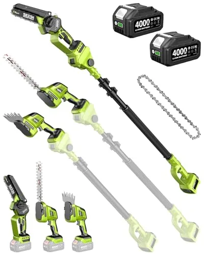 Supstable Set de Jardinería 6 en 1 con Batería: Mini Motosierra & Cortasetos, Podadora Telescópica con 2×4000mAh Baterías, Alcance de hasta 4,57 m – Ideal para el cuidado de árboles y corte de madera