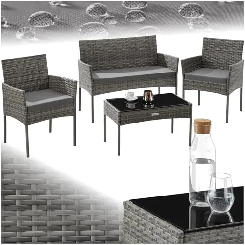 tectake® Conjunto Jardin Exterior de Ratán, Muebles Jardin Exterior para 4 Personas, Muebles Terraza con Mesa de Vidrio, Sofa Exterior y Sillas con Cojines Lavables, Sillon Jardin Cómodo - Gris