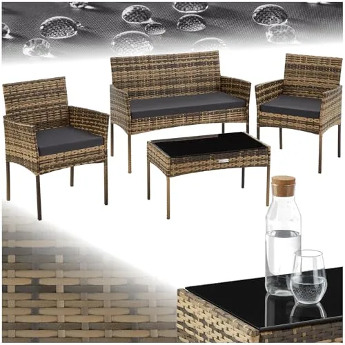 tectake® Conjunto Jardin Exterior de Ratán, Muebles Jardin Exterior para 4 Personas, Muebles Terraza con Mesa de Vidrio, Sofa Exterior y Sillas con Cojines Lavables, Sillon Jardin Cómodo - Natural