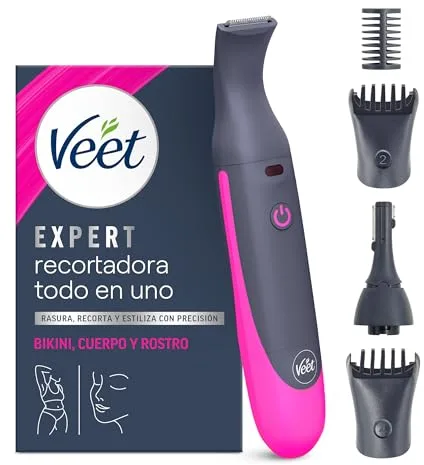Veet Recortadora Todo en Uno, Bikini y Cuerpo Completo, Cara y Cejas, Rasuradora Mujer Zona Íntima Resistente al Agua, Con 2 Cabezales y 4 Peines para precisión, con Cargador USB