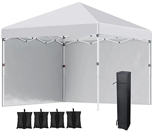 Outsunny Carpa Plegable Pop-up Gazebo 3x3 m Cenador Plegable con 2 Paredes Laterales Anti-UV Altura Ajustable en 3 Niveles Sacos de Arena y Bolsa de Transporte con Ruedas para Camping Fiestas Blanco