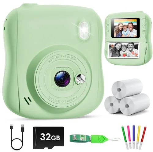 Hangrui Camara Fotos Infantil Instantanea, 1080P Camara Fotos Infantil, Cámara Instantánea para Niños con Tarjeta de 32GB,Papel de Impresión y Bolígrafos de Colores, Regalos Juguete-Verde
