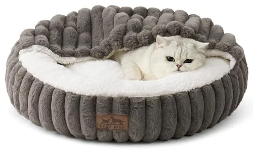 COZY KISS Cama para Gatos Invierno con Manta 50x50x15cm, Cama Donut Redonda para Perros Pequeños, Cueva para Gatos Cálida Antiansiedad con Soporte para Cabeza, Piel Sintética, Lavable, Gris