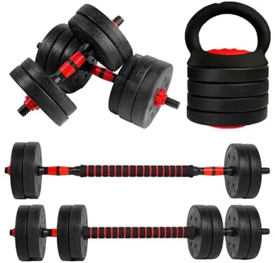unycos - Juego de Mancuernas Ajustables 4 en 1 con Barra Recta de Conexión, Discos【20 kg】de Cemento Recubiertos, Pesas Clásicas, Pesa Rusa, Soportes para Flexiones, Fitness (Red Transformer)