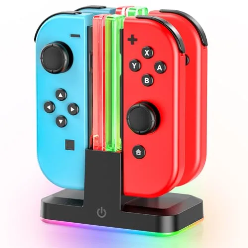 Rysker Cargador para Joycon Switch/OLED, 2,5H de Base Carga Mando para Nintendo Switch con Luz RGB y Control Inteligente de Carga, Estacion de Carga joycon para Nintendo Switch Accesorios