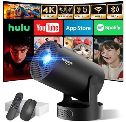 [Apps integradas & 2026 Upgraded] Mini Proyector con WiFi 6 Bluetooth 5.4 Support 4K 1080P Auto Keystone 180° Rotable Proyector Portátil Compatibile con HDMI/TV Stick/Memory Stick/Laptop, Negro