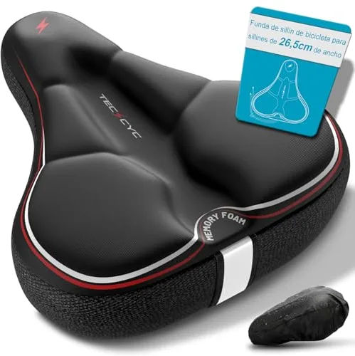 TECHCYC Funda sillin Bicicleta, cojín de Espuma viscoelástica de Doble Capa, diseño ergonómico, Unisex, Ancha y con Rayas Reflectantes, Ideal para Bicicletas estáticas y urbanas (YG57)