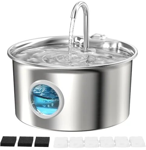 Fuente de Agua para Gatos Acero Inoxidable: Bebedero Gato Automatico Inox - 2.6L Fuente Gatos Agua Metalico con Ventana de Nivel de Agua - Dispensador de Agua Gato con grifo - con 6 Filtros+3 Esponjas