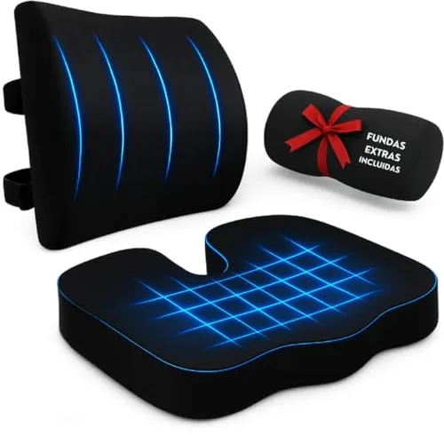 Pack Cojín Silla Oficina + Cojín Lumbar Silla Oficina | Pack de fundas extras | Diseño ergonómico para aliviar lumbar y coxis | Incluye correas ajustables y fundas lavables | Ayuda en tu día a día