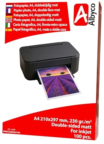 Papel Fotográfico Inyección de Tinta Albyco A4, 230 gr/m², Mate a doble Cara, envase de 100 Hojas