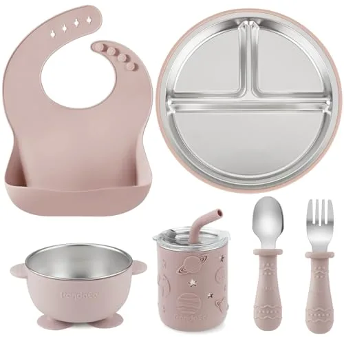PandaEar Juego de Alimentación para Bebé 6 en 1 de Acero Inoxidable, Plato Dividido con Succión, Cuenco, Vaso con Pajita, Babero, Cuchara y Tenedor, Esenciales para la Autoalimentación sin BPA (Rosa)