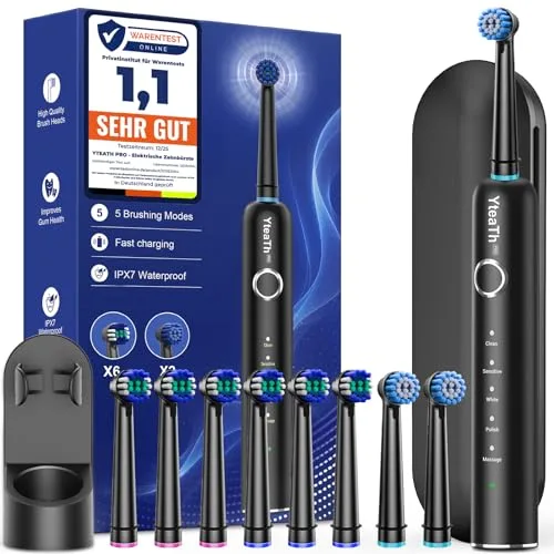 Cepillo de Dientes Eléctrico de Rotación Adultos con 8 Cabezales - Cepillo Electrico con Estuche de Viaje, 5 Modos, IPX7 Impermeable, Cepillo Dientes Electrico Viaje Recargable, Negro Mate