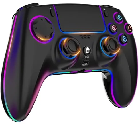 MYSTILUCK Mando Inalámbrico para PS4/PS3/Pro/PC/MAC/iOS/Android/Steam Deck, Gamepad con iluminación RGB 7 Colore/Joystick Effect Hall/Doble Vibración/Turbo/Conector para Auriculares/Batería 1500 mAh
