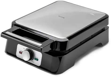 Huslog Gofrera Eléctrica para 4 Gofres Belgas, 1500W, Placas Antiadherentes, Control de Temperatura, Indicador Luminoso, Mango Cool Touch, Acero Inoxidable, Negro