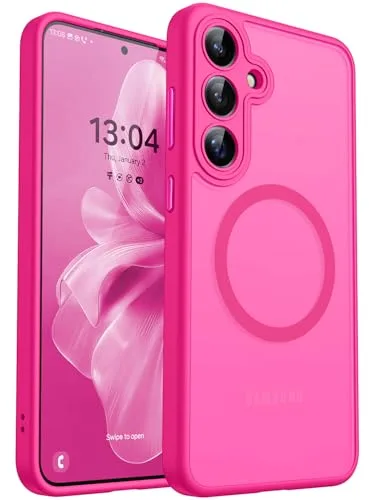 CANSHN Funda Magnética para Samsung Galaxy S24(6.2 Pulgadas),[Protección Total de La Cámara] Carcasa Fondo Mate Translúcido,Rosa Vivo