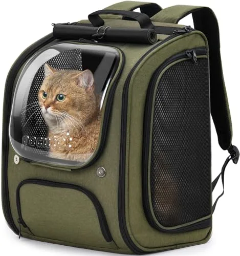 Pecute Mochila Transportadora para Gatos con Burbuja - Espacio Amplio y Estable, Visera Transpirable, Ideal para Viajes, Senderismo, Escalada, visitas al Veterinario con Mascotas, Verde Militar