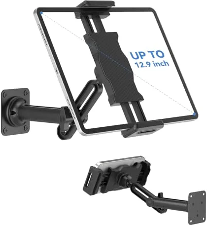KDD Soporte de Pared para Tablet, Soporte Tablet Brazo Extensible Ajustable con Base Metálica Resistente,Giratorio de 360° Soporte Pared iPad, Apto para iPad Pro, Air, Mini, Galaxy Tab,4,7-13