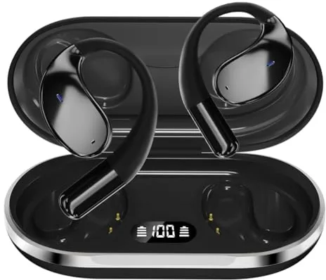 Caijin Auriculares Deportivos Inalámbricos Bluetooth 5.4 con Diseño de Gancho Abierto, Graves Potentes, Reducción de Ruido ENC, Resistencia al Agua IP54, 60 Horas de Reproducción (Negros)