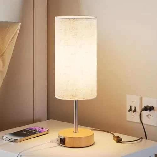 UPXNBOR Lámpara de Mesita de Noche Control Táctil con Puertos de Carga USB-A y USB-C, Regulable en 3 Niveles, Pantalla de Lino, Lámpara de Mesa Pequeña, con Cable de 1,5 m (Bombilla E27 Incluida)