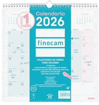 Finocam - Calendario de pared 2026 Mes Vista Enero - Diciembre (12 meses) | Calendario 2026 para anotar | Planificador mensual Chic - Turquesa - Español