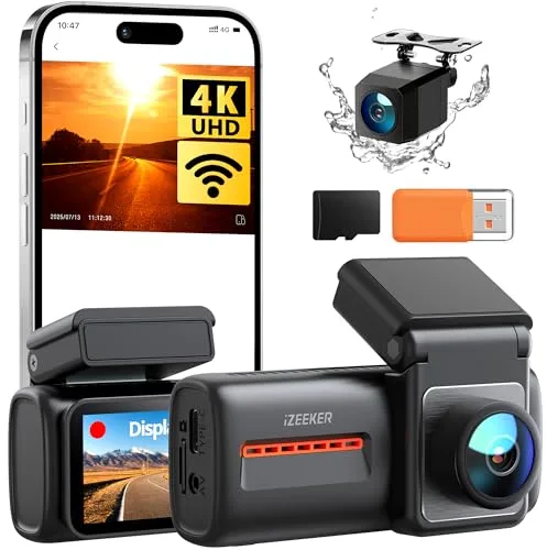 iZEEKER 4K Dashcam Frontal y Trasera, WiFi 6 Dash CAM Coche con Tarjeta 32G, 4K+1080P Camara Coche, Pantalla de 2.99
