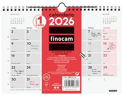 Finocam - Calendario de pared 2026 Mes Vista Enero - Diciembre (12 meses) | Calendario 2026 para anotar | Planificador mensual Neutro - Español