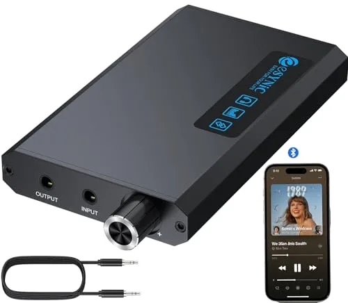 eSynic Amplificador HiFi para Auriculares con Receptor Bluetooth 5.1, Impedancia 16-300Ω, 2 Niveles de Ganancia, Batería Recargable de 1500mAh con Cable USB-C y Cable de Audio para MP3 Smartphone